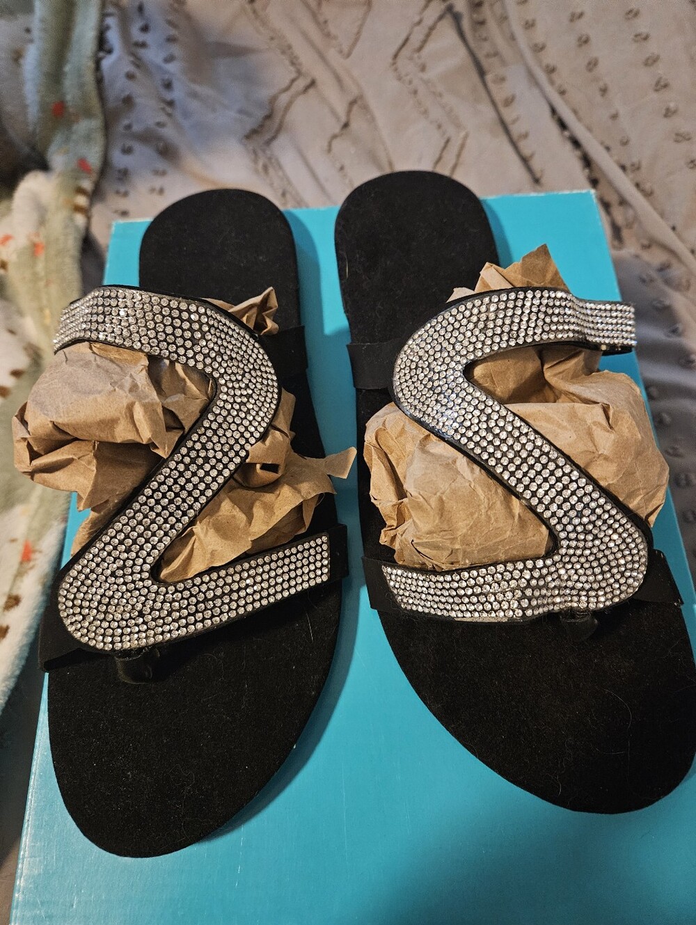 BRAND NEW ** Embellished Black Rhinestone Slide Sandals